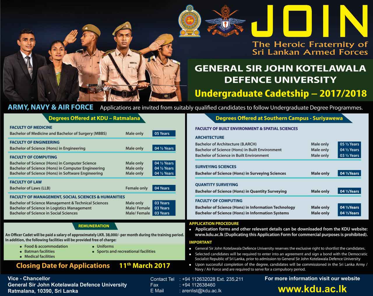 Undergraduate Cadetship - General Sir John Kotelawala Defence University